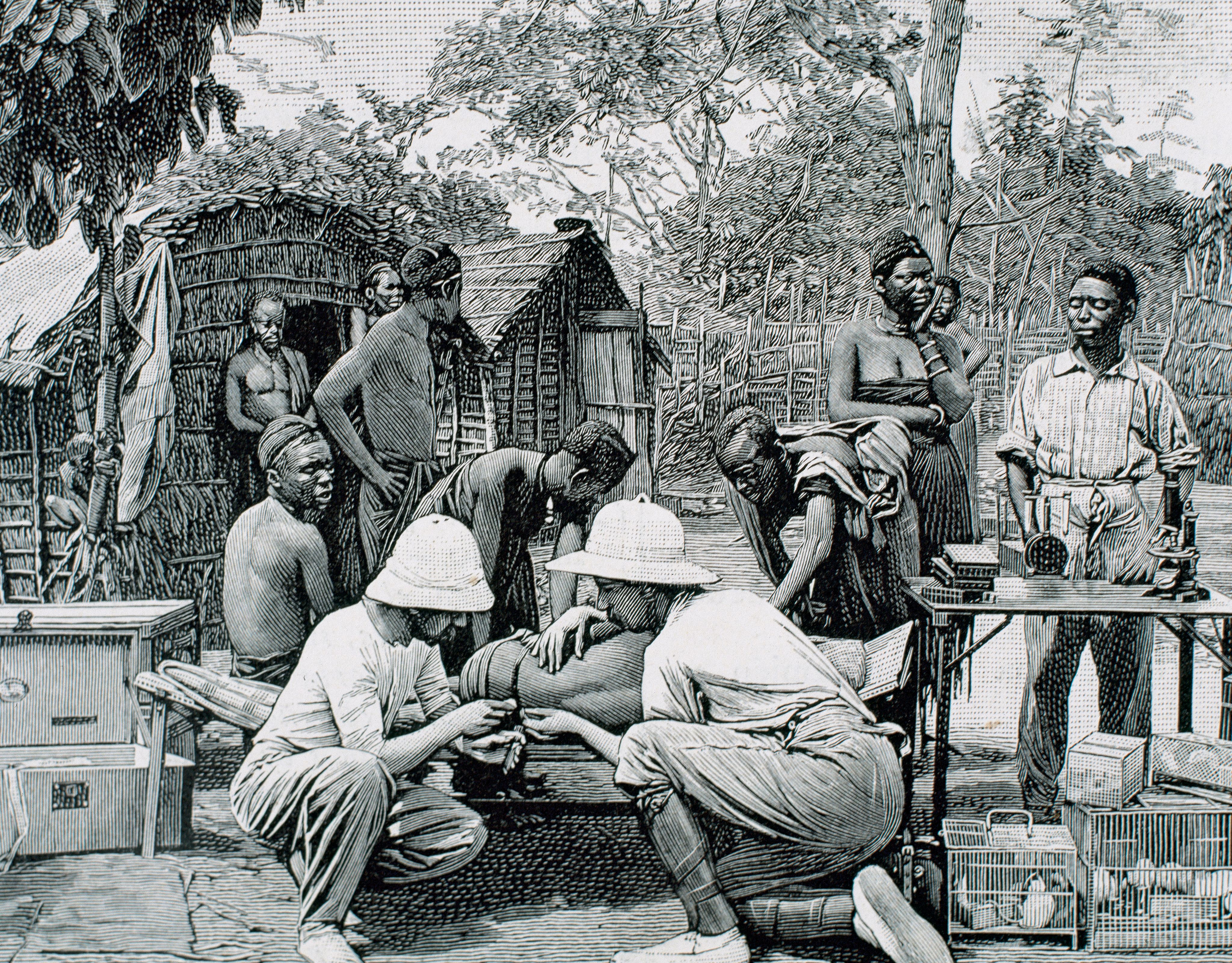 Les médecins d'une mission européenne font des prélèvements de sang sur la population locale atteinte de la maladie du sommeil. Gravure de Thiriat, 1903.