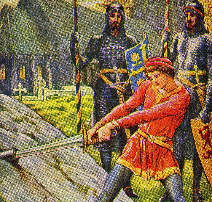 Le roi Arthur tire l’épée de la pierre, par l'illustrateur britannique Walter Crane (1845-1915)