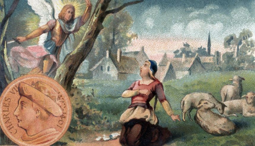 Chromolithographie de la fin du 19eme siecle : "La jeune Jeanne d'Arc (1412-1431) écoutant les voix des anges lui demandant de venir au secours de la France durant la guerre de Cent ans