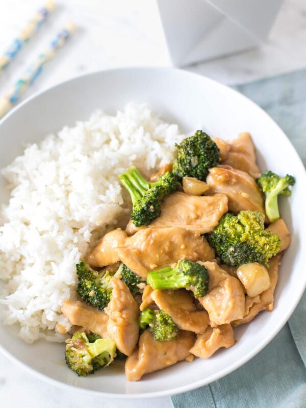 Chinese chicken and broccoli in a bowl with white rice