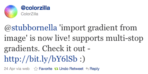 @stubbornella 'import gradient from image' is now live! supports multi-stop gradients. Check it out - http://bit.ly/bY6lSb :)
