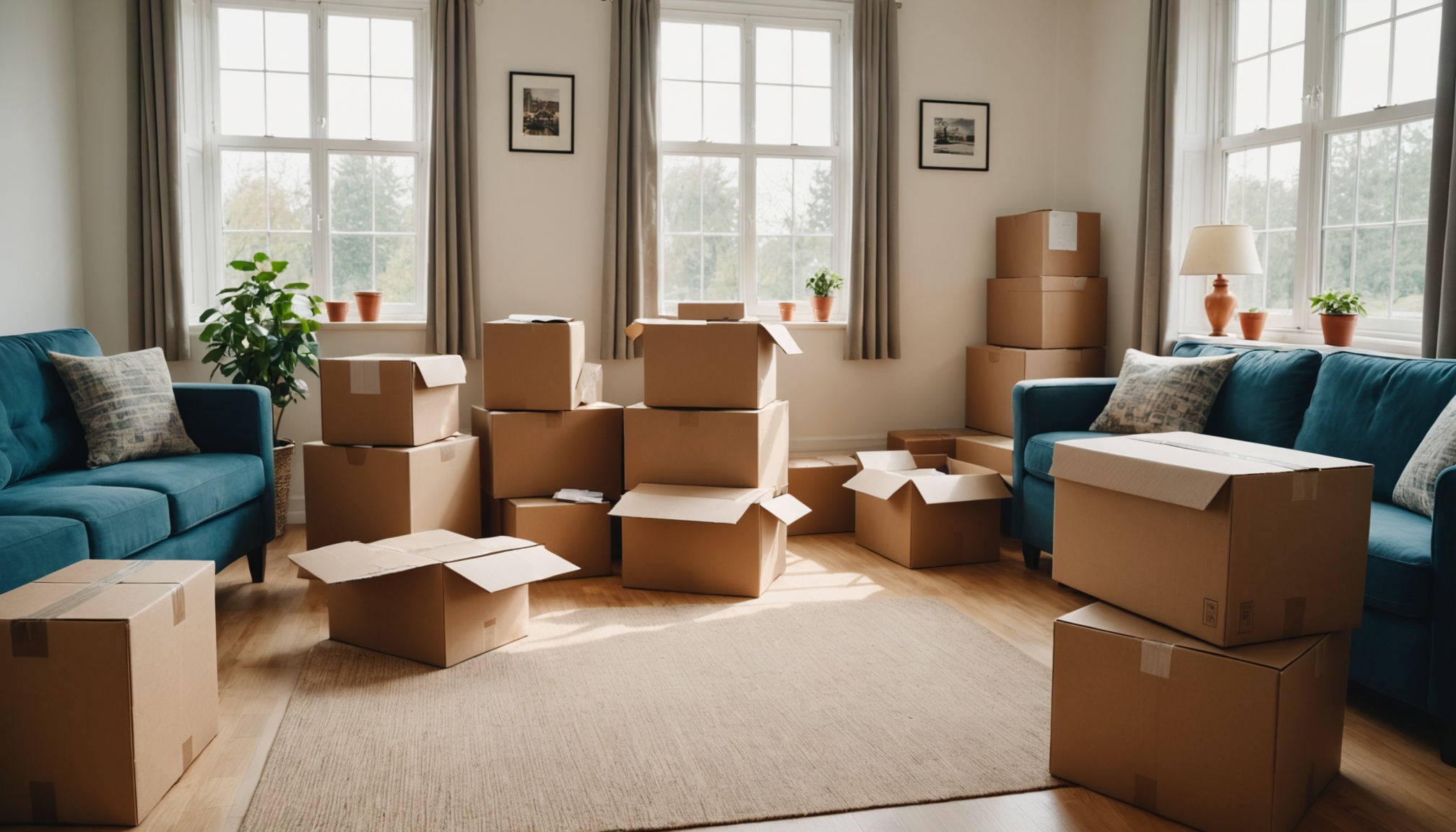 Cartons de déménagement empilés dans un salon avec un camion de déménagement visible par la fenêtre
