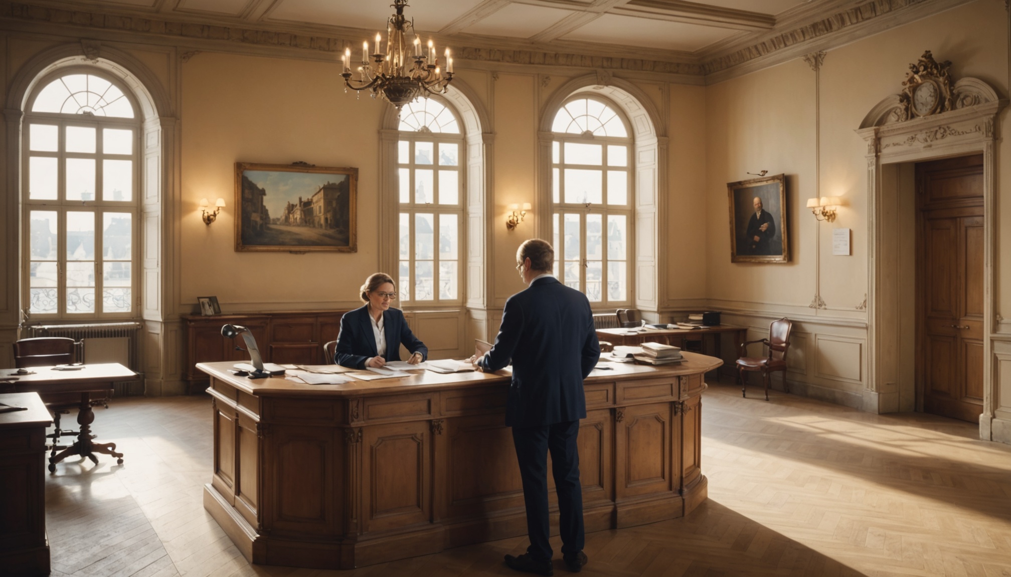 Illustration générée par IA d'un conseiller aidant un usager au guichet d'une France Services