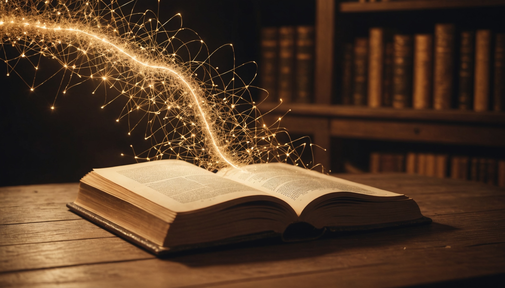 Livre ouvert avec des particules lumineuses évoquant l'intelligence artificielle