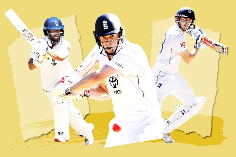 Collage of three cricketers in batting stances, wearing white uniforms and helmets.