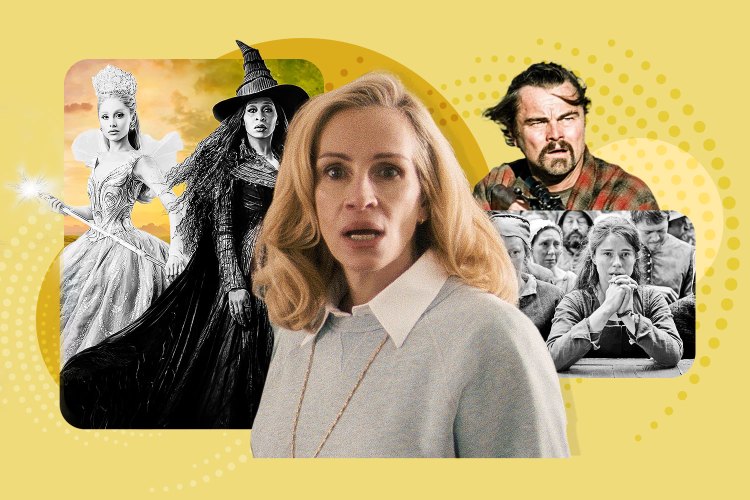 Collage of movie scenes featuring witches, a worried woman, Leonardo DiCaprio, and people in period attire.