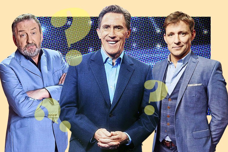 Illustration of Rob Brydon, Ben Shephard, and Alexander Armstrong with question marks.
