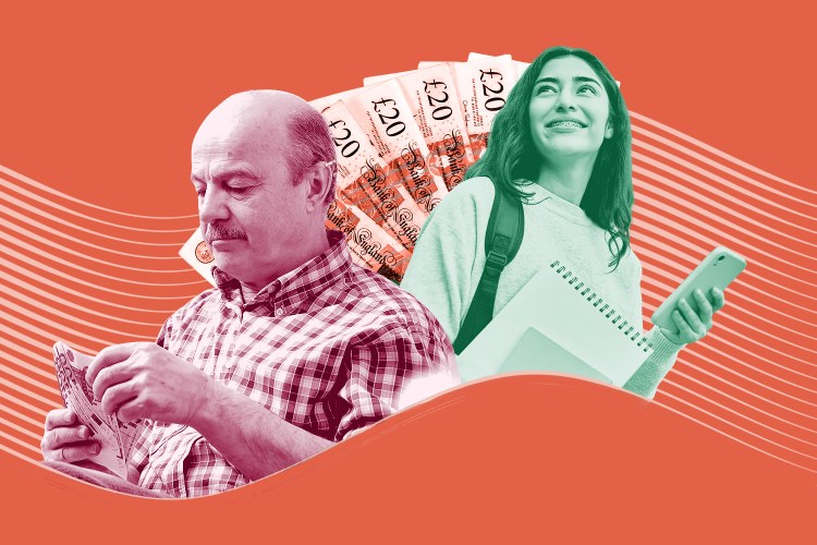 Illustration of an older man holding money, a younger woman with a backpack and phone, and British twenty pound notes, all against an orange background.
