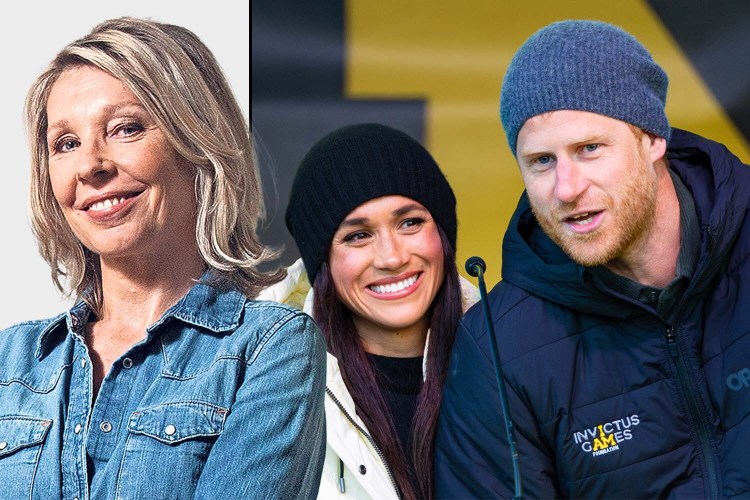 Collage of a smiling woman in a denim shirt, Meghan Markle, and Prince Harry wearing Invictus Games gear.