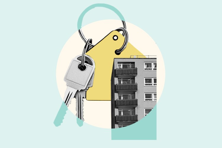Illustration of apartment building keys on a keychain.