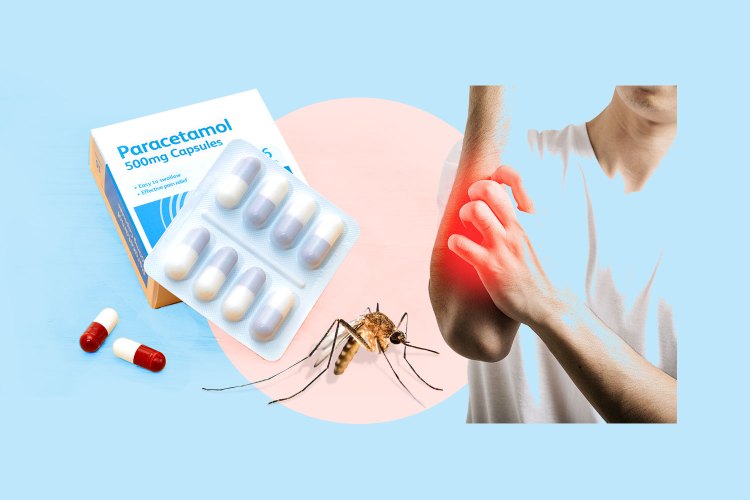 Collage of paracetamol capsules, a mosquito, and a person scratching an itchy arm.