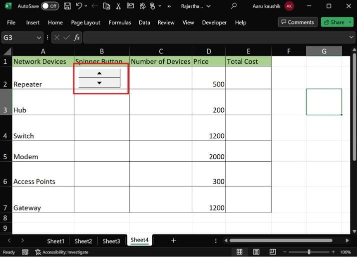 Spin button inserted on Excel sheet with right-click to access format options