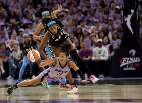 BNG-L-VALKYRIES-1027-5 Golden State Valkyries’ Veronica Burton #22 is fouled by Atlanta Dream’s Angel Reese #5 in the first quarter of their WNBA game at the Chase Center in San Francisco, Calif., on Monday, October 26, 2026. (Jane Tyska/Bay Area News Group)