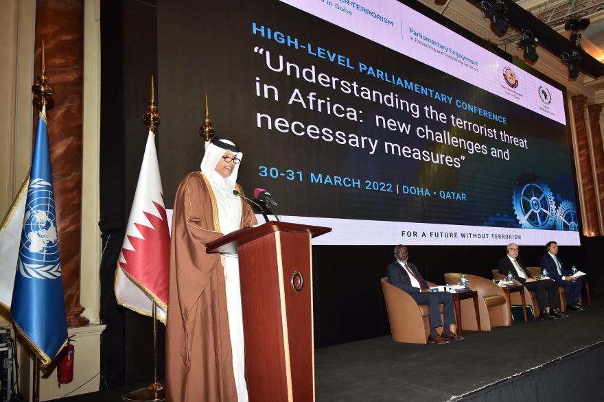 H.E. Mr. Hassan bin Abdulla Al-Ghanim, Speaker, Shura Council of the State of Qatar, delivering his opening remarks. Photo/UNOCT Parliamentary Engagement Conference in Doha