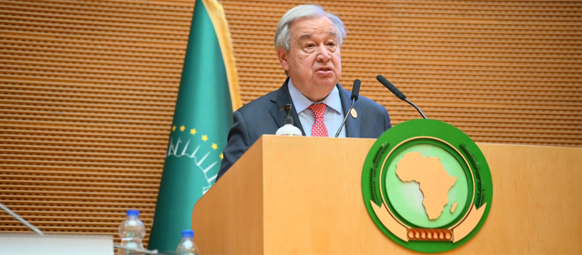 Secretary-General António Guterres delivers remarks at the 2025 African Union Summit in Addis Ababa, Ethiopia. UNECA/Daniel Getachew 