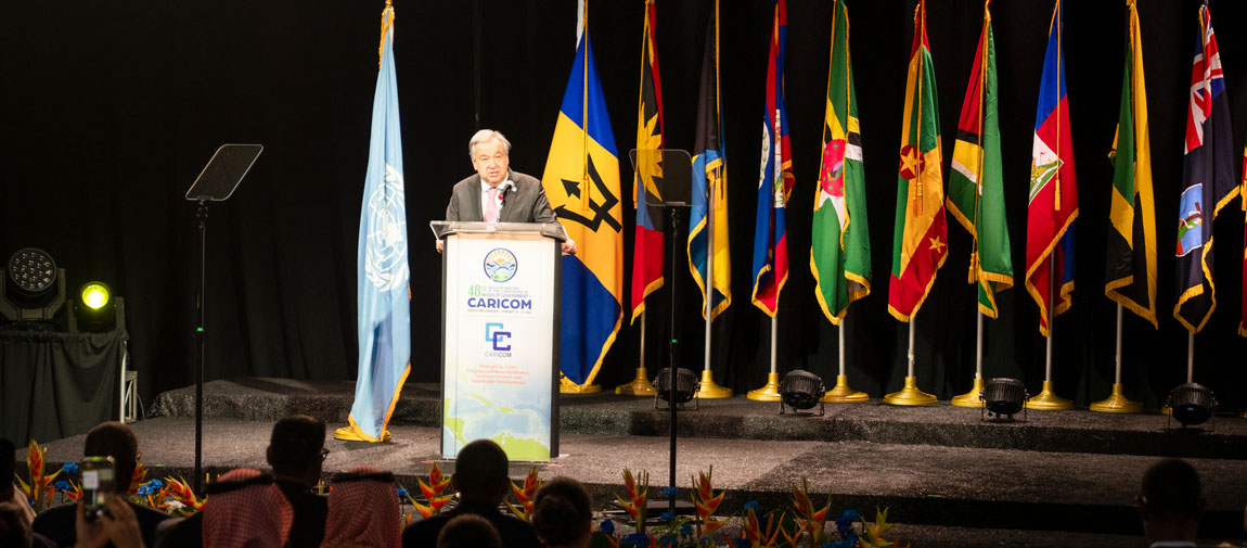 Secretary-General António Guterres addresses the Conference of the Heads of Government of the Caribbean Community (CARICOM). UN Photo/Zack Bagot