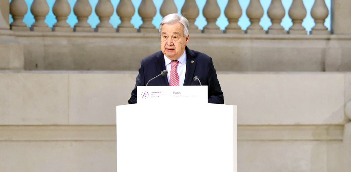 United Nations Secretary-General António Guterres adresses the Artificial Intelligence Action Summit in Paris, France.