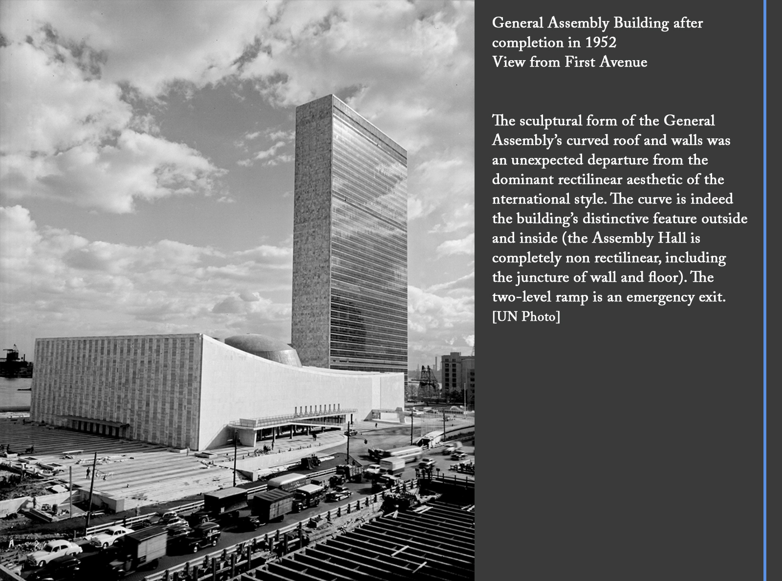 The General Assembly Building after completion in 1952 seen from across First Avenue