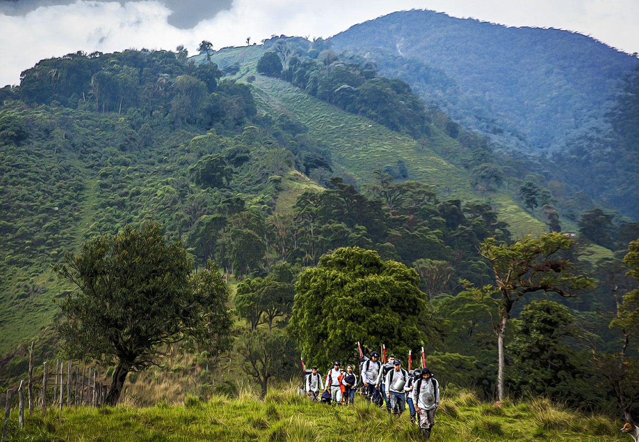 A Colombian mine action team hiking in the moutain.