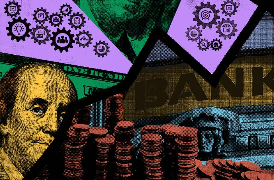 Collage of images of currency representing banks and cog icons representing development.