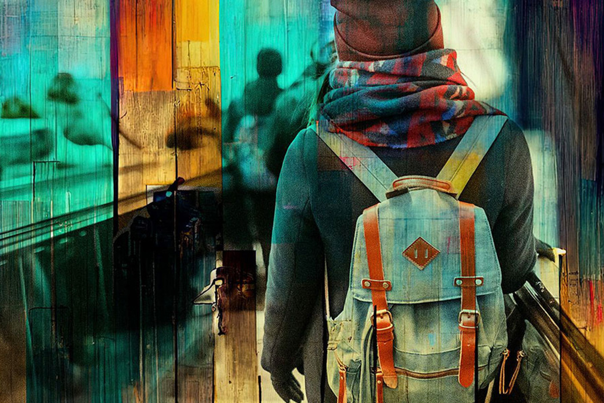 The fight against inflation is starting to pay off, but central banks must continue their efforts. Image: Adobe Stock and IMF Photo illustration of the back of a person wearing a backpack on an airport moving walkway.