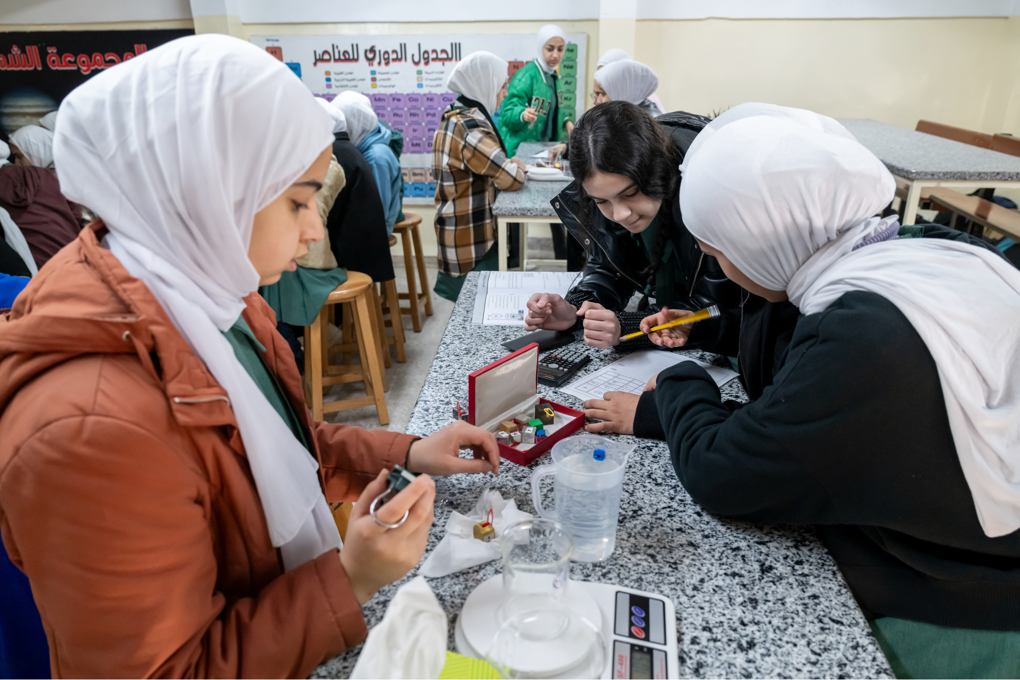 A group of girls' students interact during a science class.