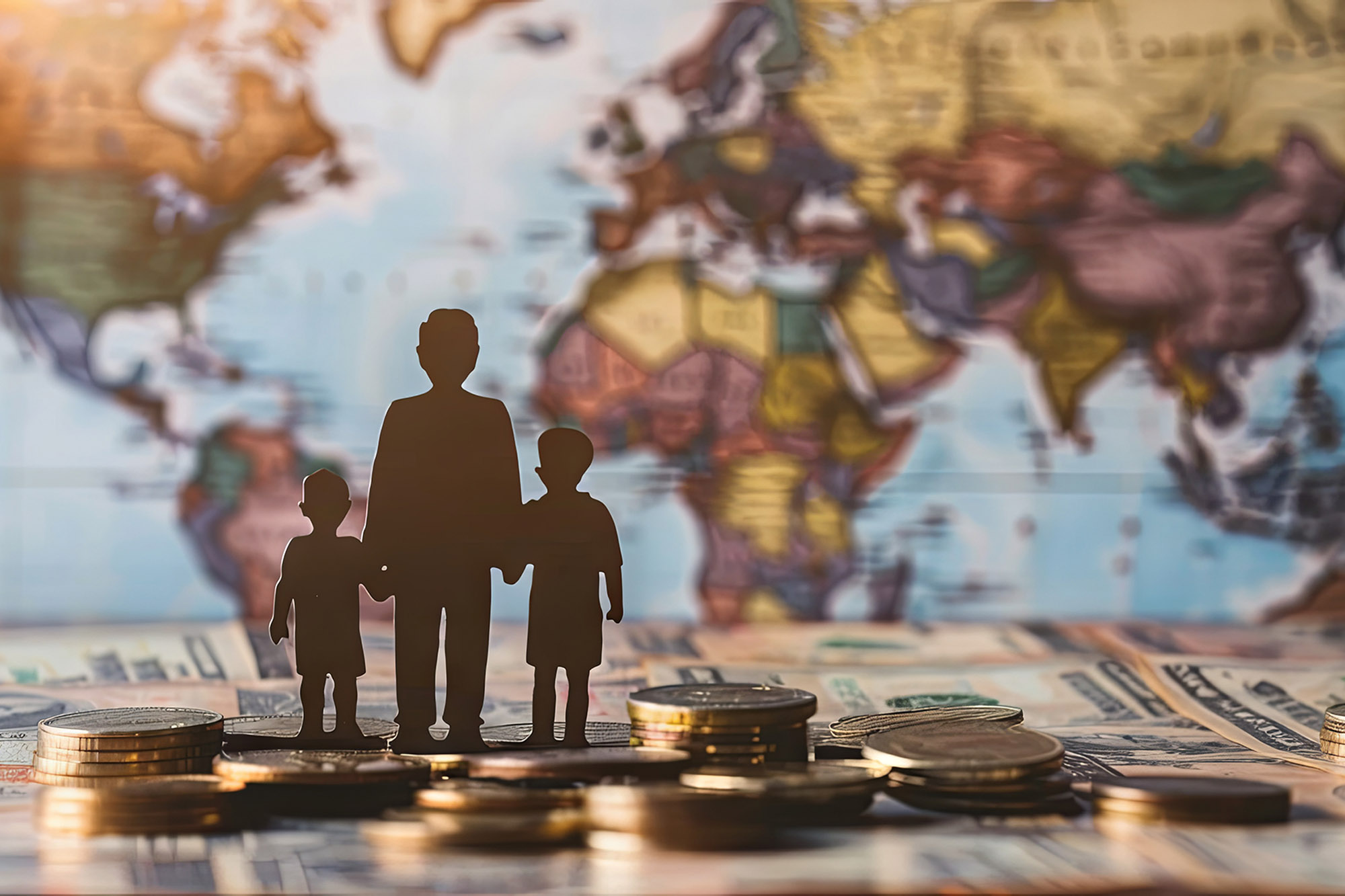A dark silhouette of a family on a pile of money on a world map background.