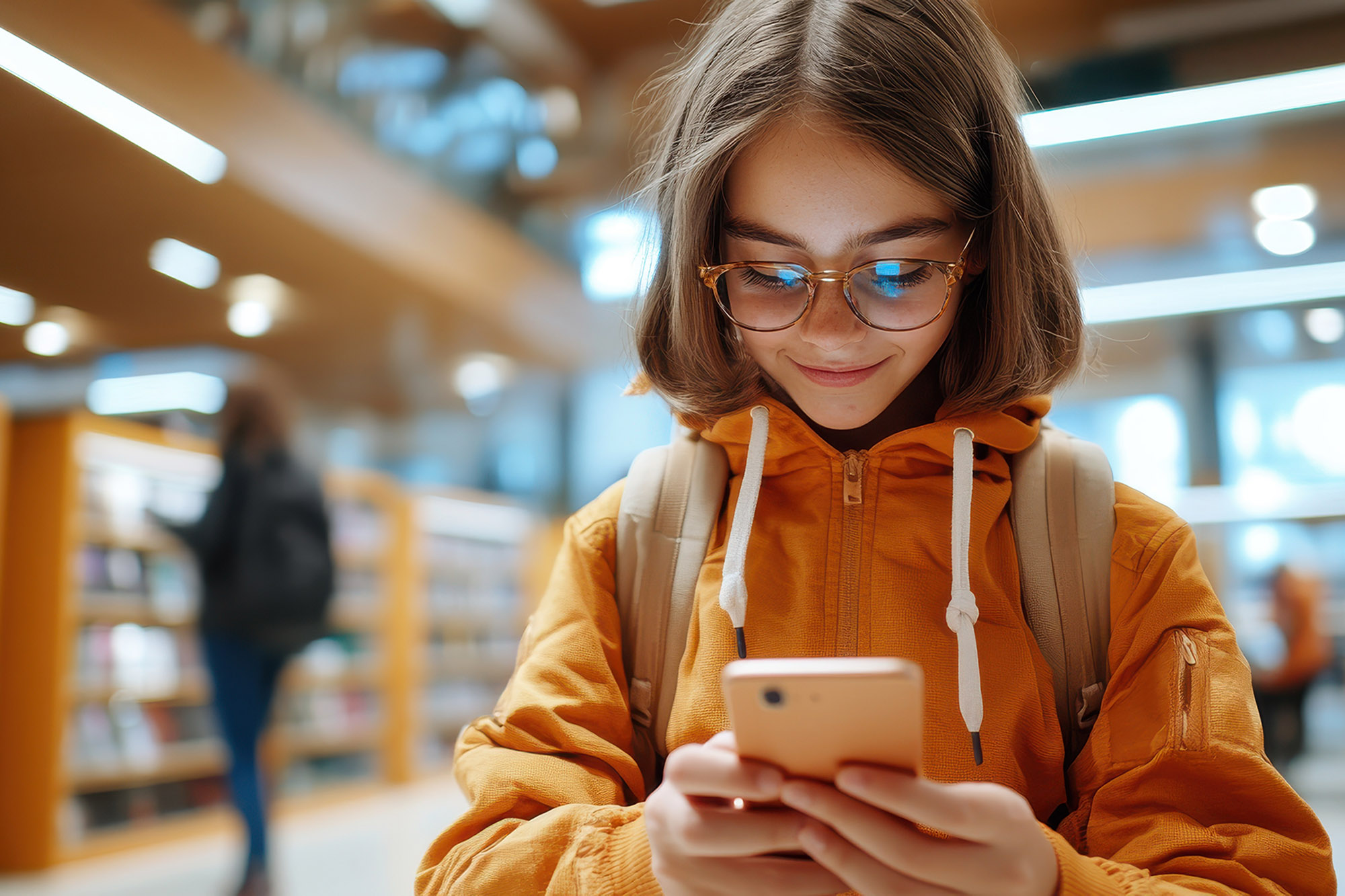 A young girl wearing glasses and a yellow jacket is engaged with her smartphone while strolling through a modern library.