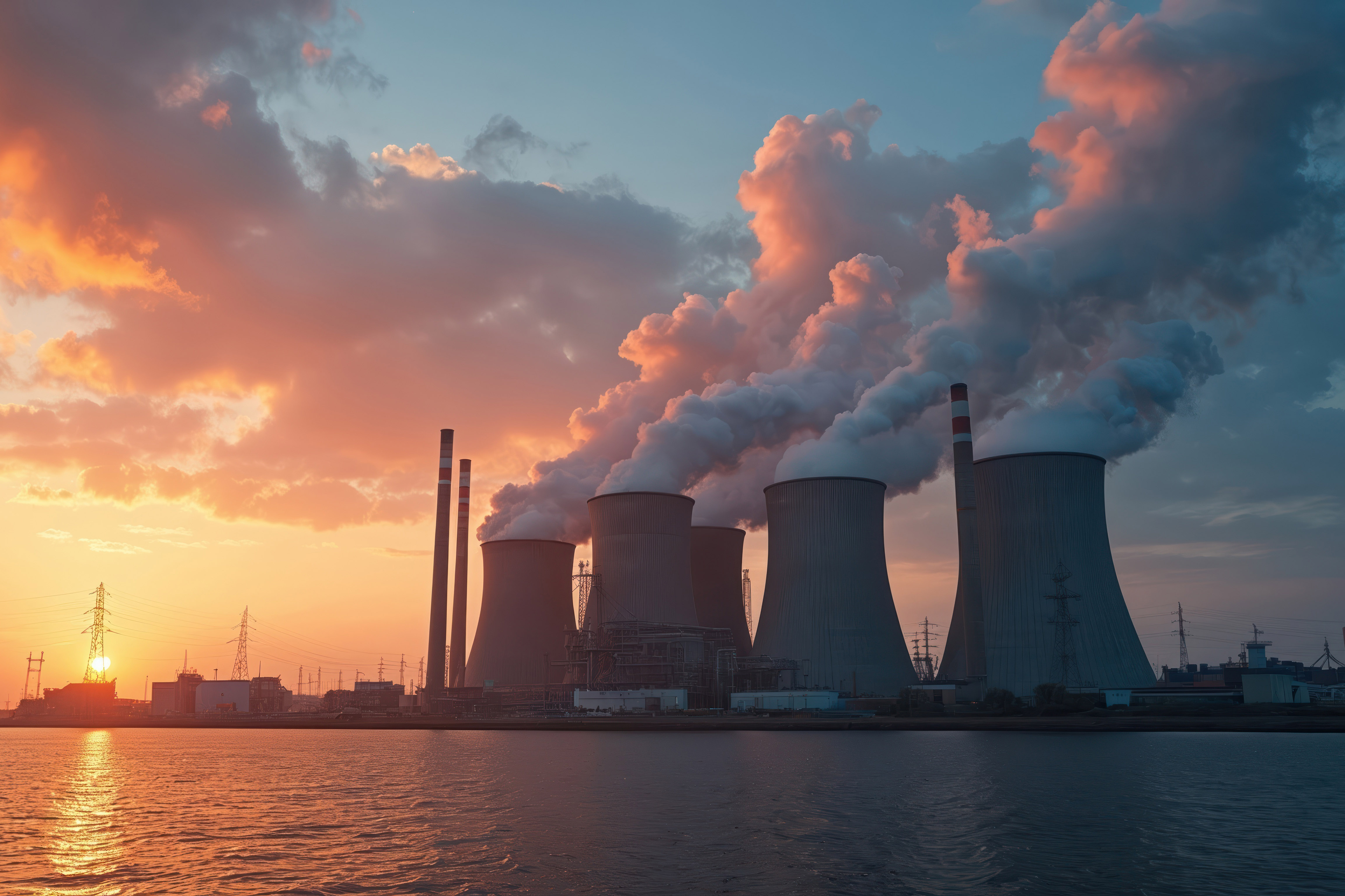 Industrial emitters releasing gas into the air.