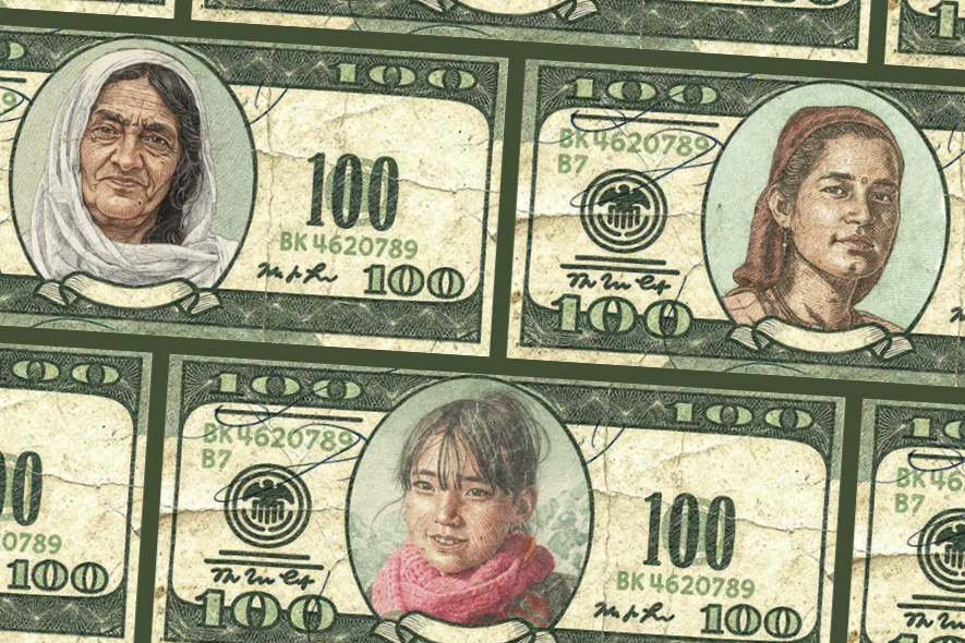 An illustration of people on one hundred dollar bills.