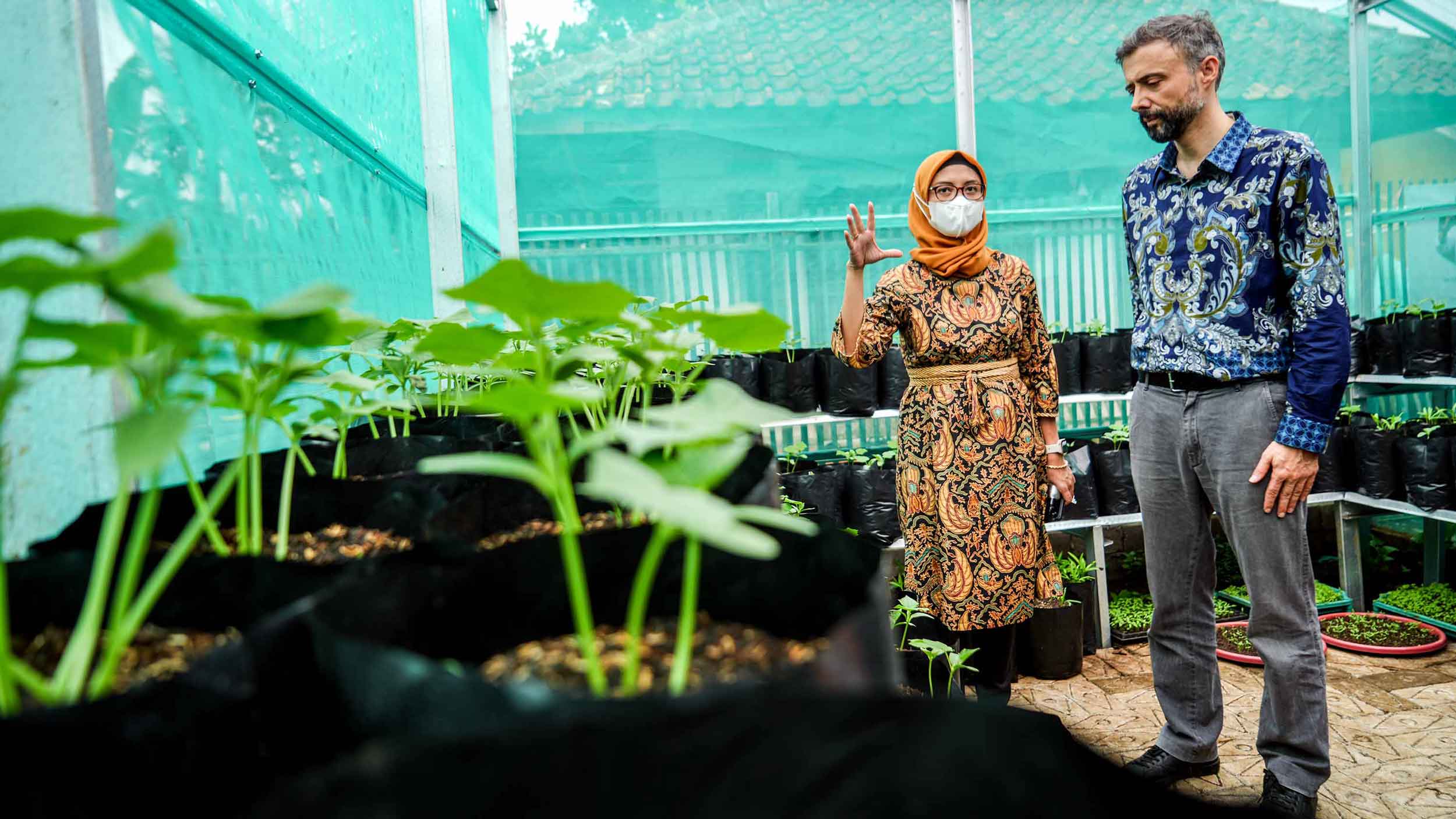 Alvaro listens to a woman who wears a veil and a medical face mask. They are in a greenhouse.