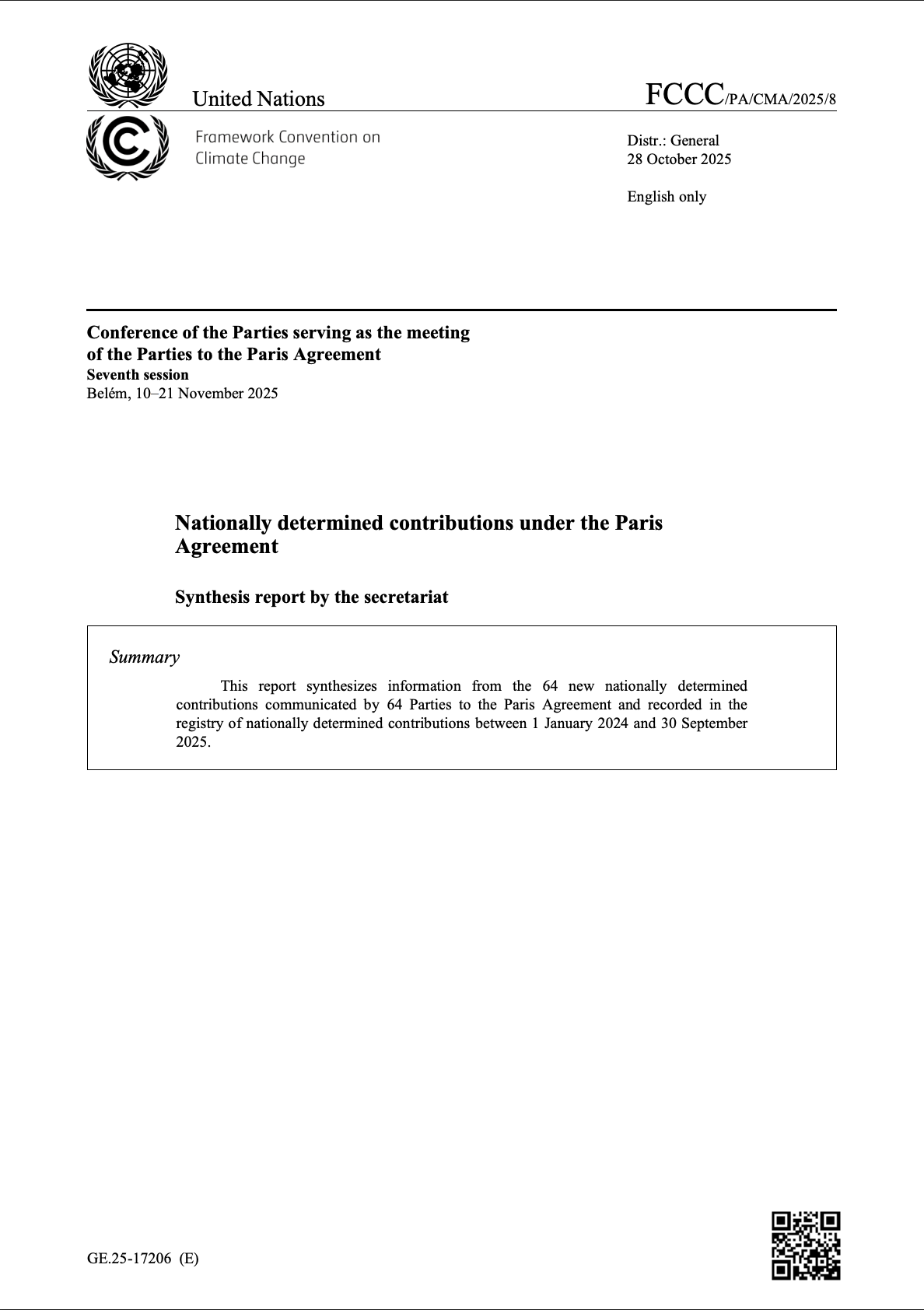 Report cover for the Nationally Determined Contributions Synthesis Report