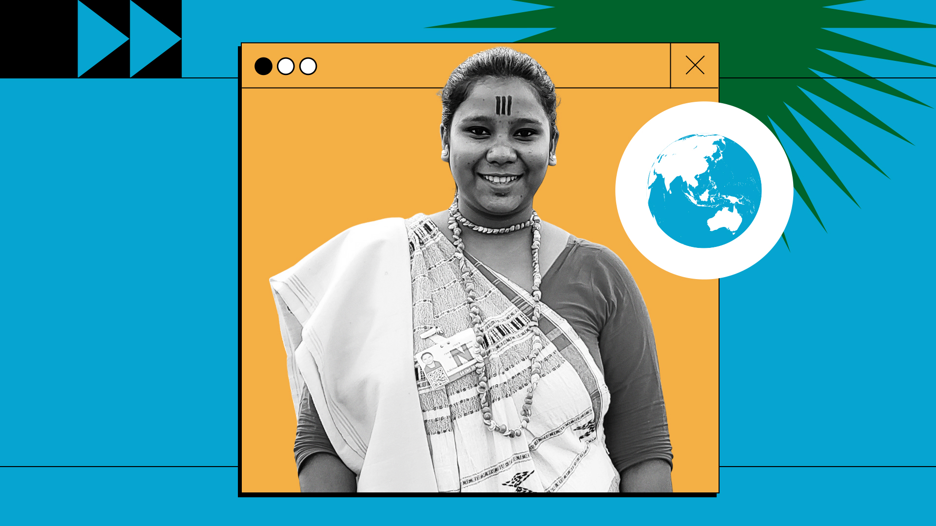 Archana Soreng, Climate Activist from India Photocomposition: the photo of Archana Soreng, in black and white.