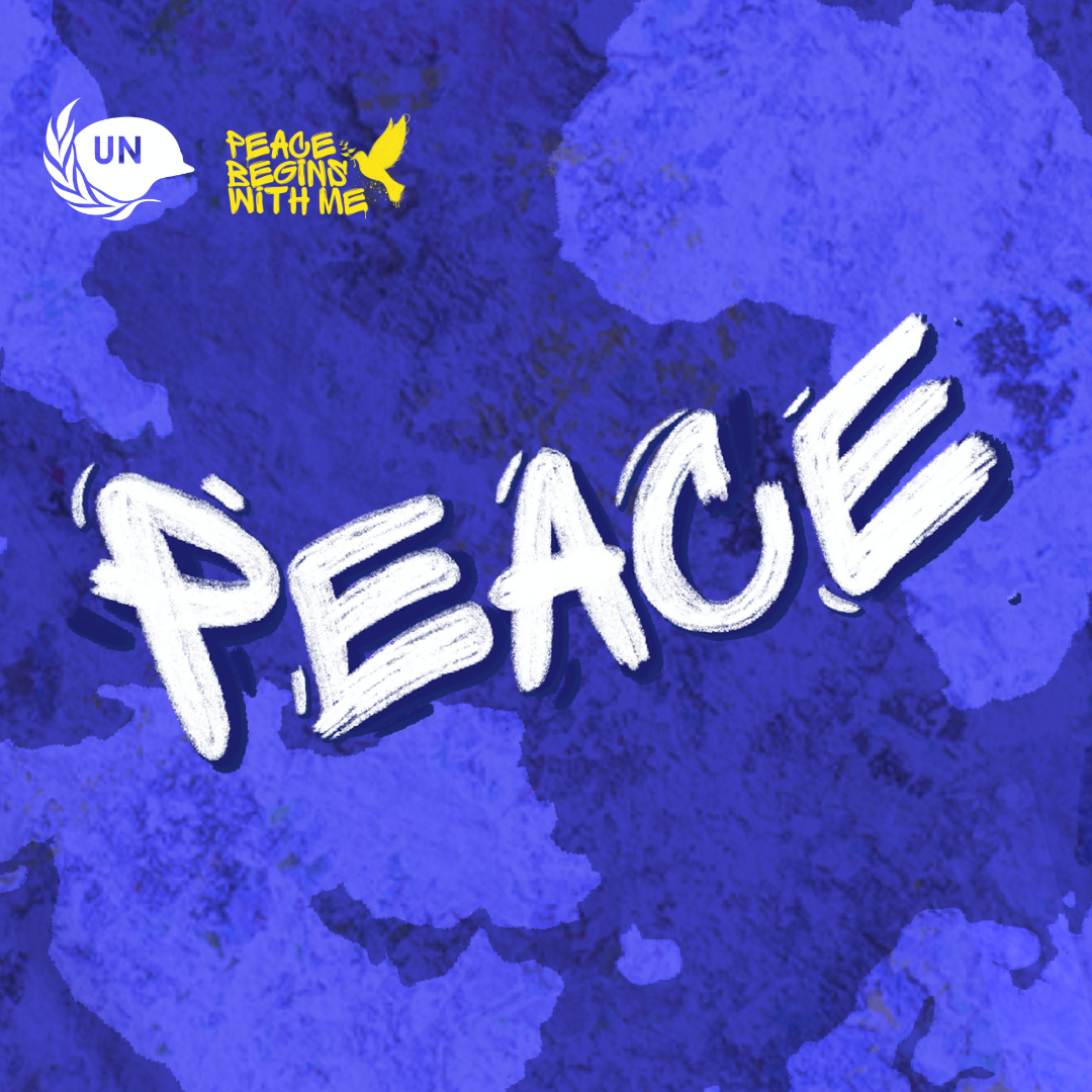 An illustration with the text 'Peace' in a graffiti-style font on a purple background