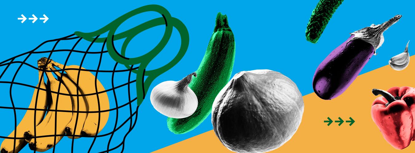 Photocomposition of fruits and vegetables: onion, cucumber, pickles, pumpkin, aubergine, garlic and red pepper share the space with a banana, which is inside a reusable net bag.
