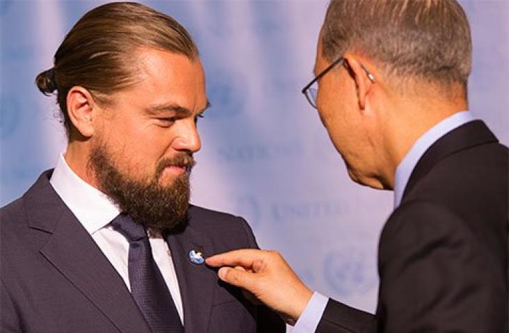 Secretary-General Ban Ki-moon (right) designates Leonardo DiCaprio as a UN Messenger of Peace with a special focus on climate change UN Photo/Mark Garten