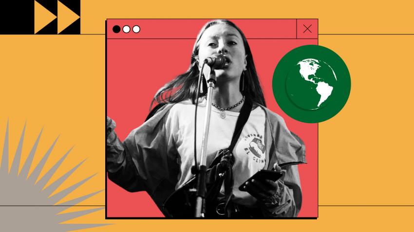 Nicole Becker, Climate Activist from Argentina Photocomposition: the photo of Nicole Becker, in black and white, speaking on a microphone and holding a cellphone in her hand.