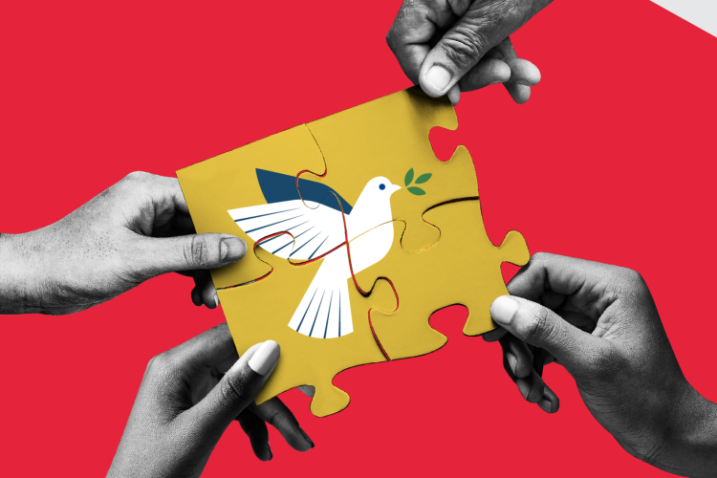 Tarjeta en fondo rojo de un puzzle con la paloma de la paz