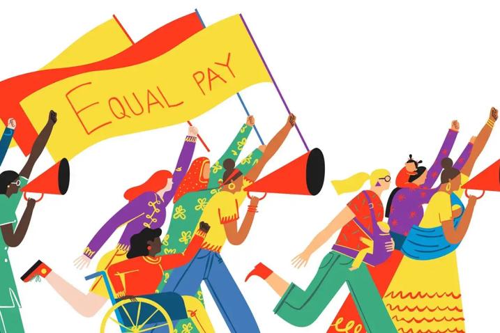 illustration of diverse women marching for equal pay