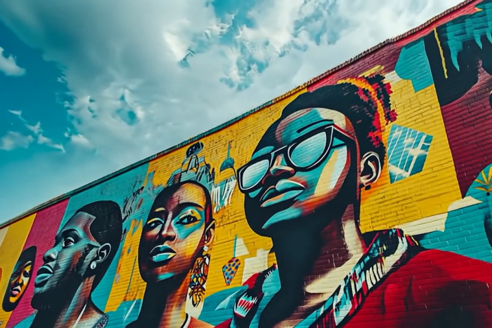 Link to UNCTAD website A mural with multicolored portraits