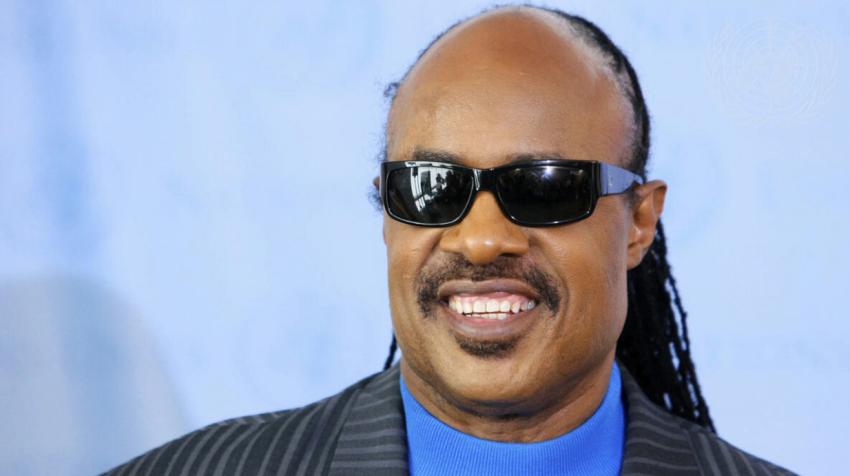 Stevie Wonder (centre) at UN Headquarters. Stevie Wonder