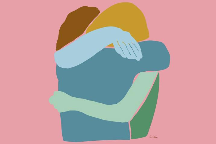 Drawing of two indentified people hugging each other.
