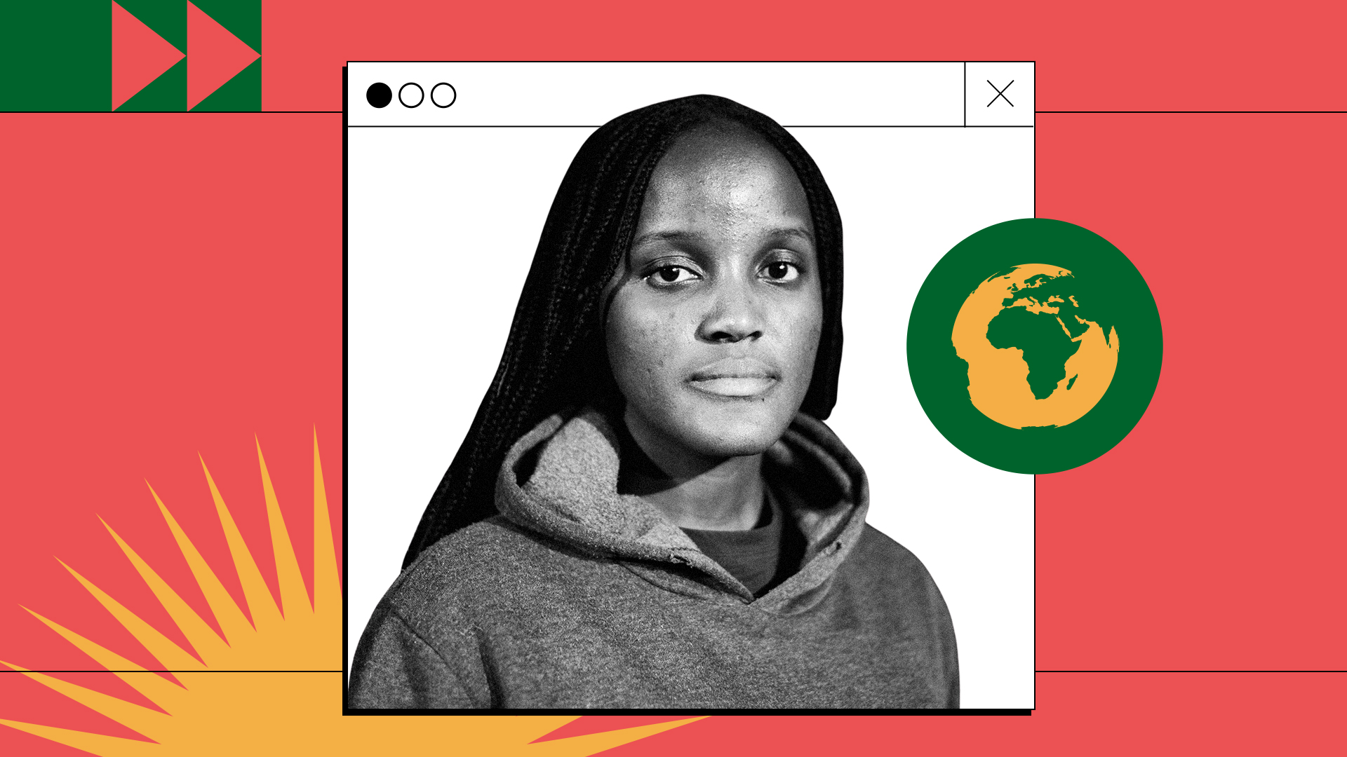 Vanessa Nakate, Climate Activist from Uganda Photocomposition: the photo of Vanessa Nakate, in black and white, in front of a red background. The African continent map is highlighted in her right side.