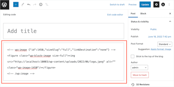 codeeditor-wpimage-string The wp:image string in WordPress code editor