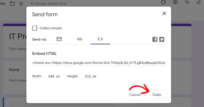 Copy your Google Forms embed code Copy the embed code