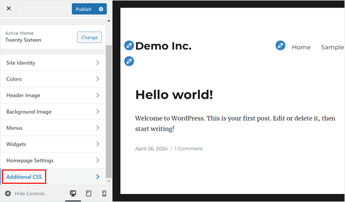 Como fazer uma captura de tela para as publicações do seu blog (guia para iniciantes) Opening the Additional CSS tab in Theme Customizer
