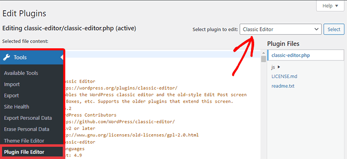 Plugin editor Select a plugin to edit in the plugin file editor tool