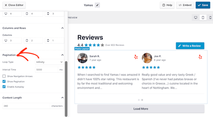 Showing reviews in a carousel layout Showing reviews in a carousel layout