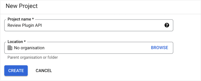 Creating a new project in the Google Cloud console Creating a new project in the Google Cloud console