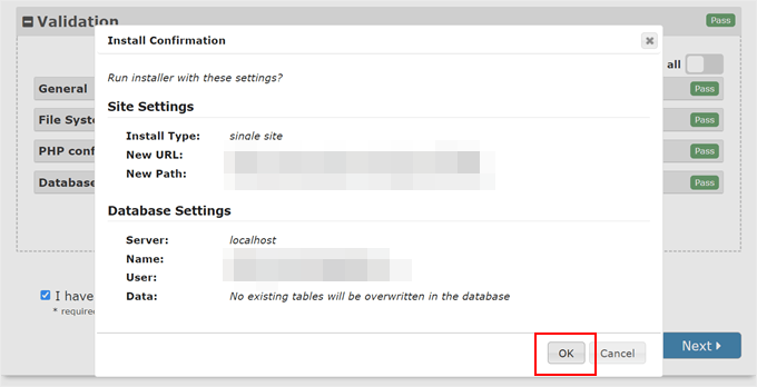 Database test and click next Confirming to restore the backup files with Duplicator